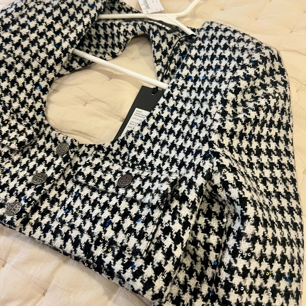 ROTATE Houndstooth Black and White sequin cropped jacket - Picture 6 of 7
